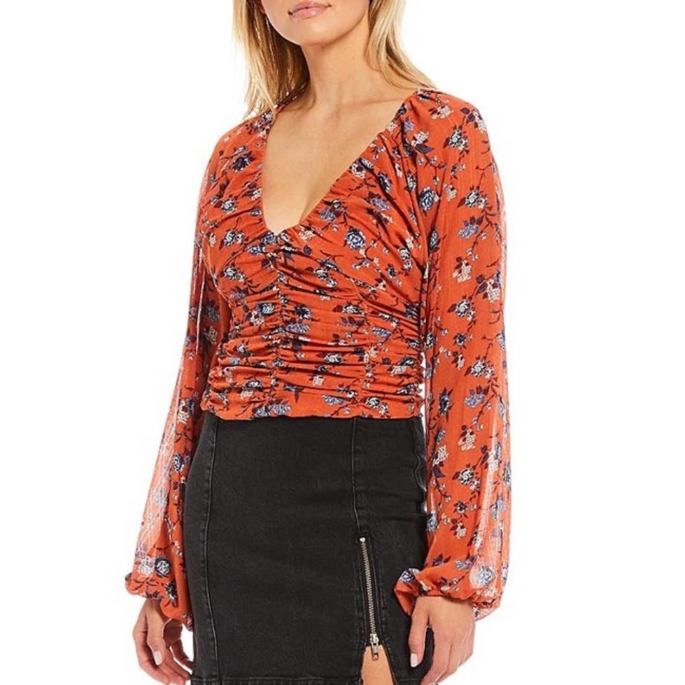 Free People Top New Final Rose Blouse Orange Long Sleeve